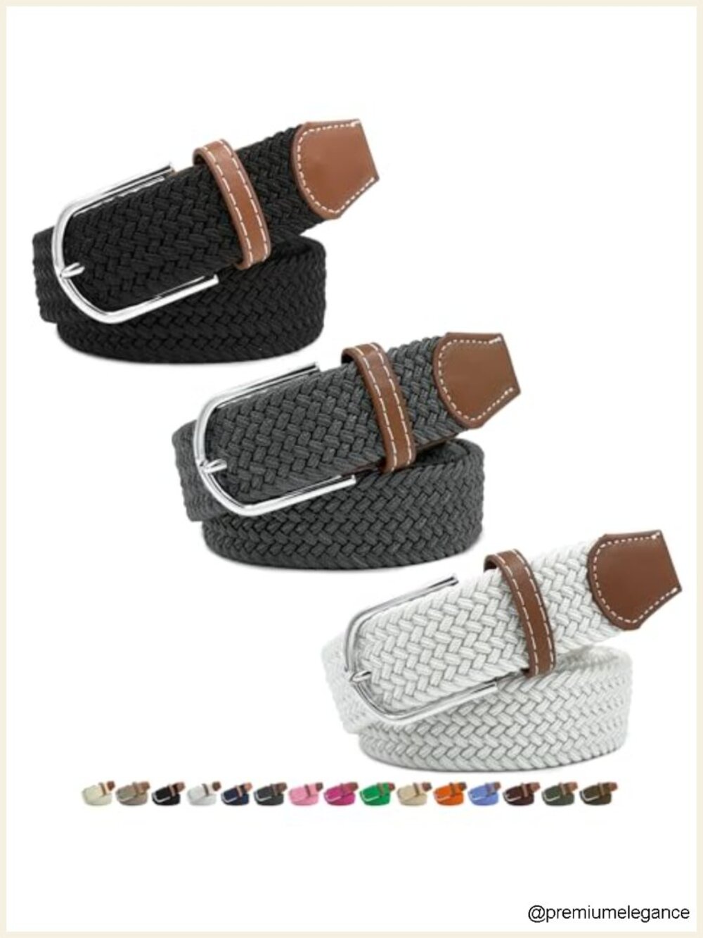 No-Hole Adjustable Elastic Braided Belt 3 Pack, Unisex Stretch Belt, Metal